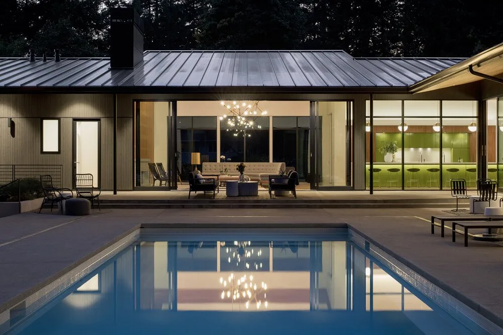Completed pool house exterior lighting