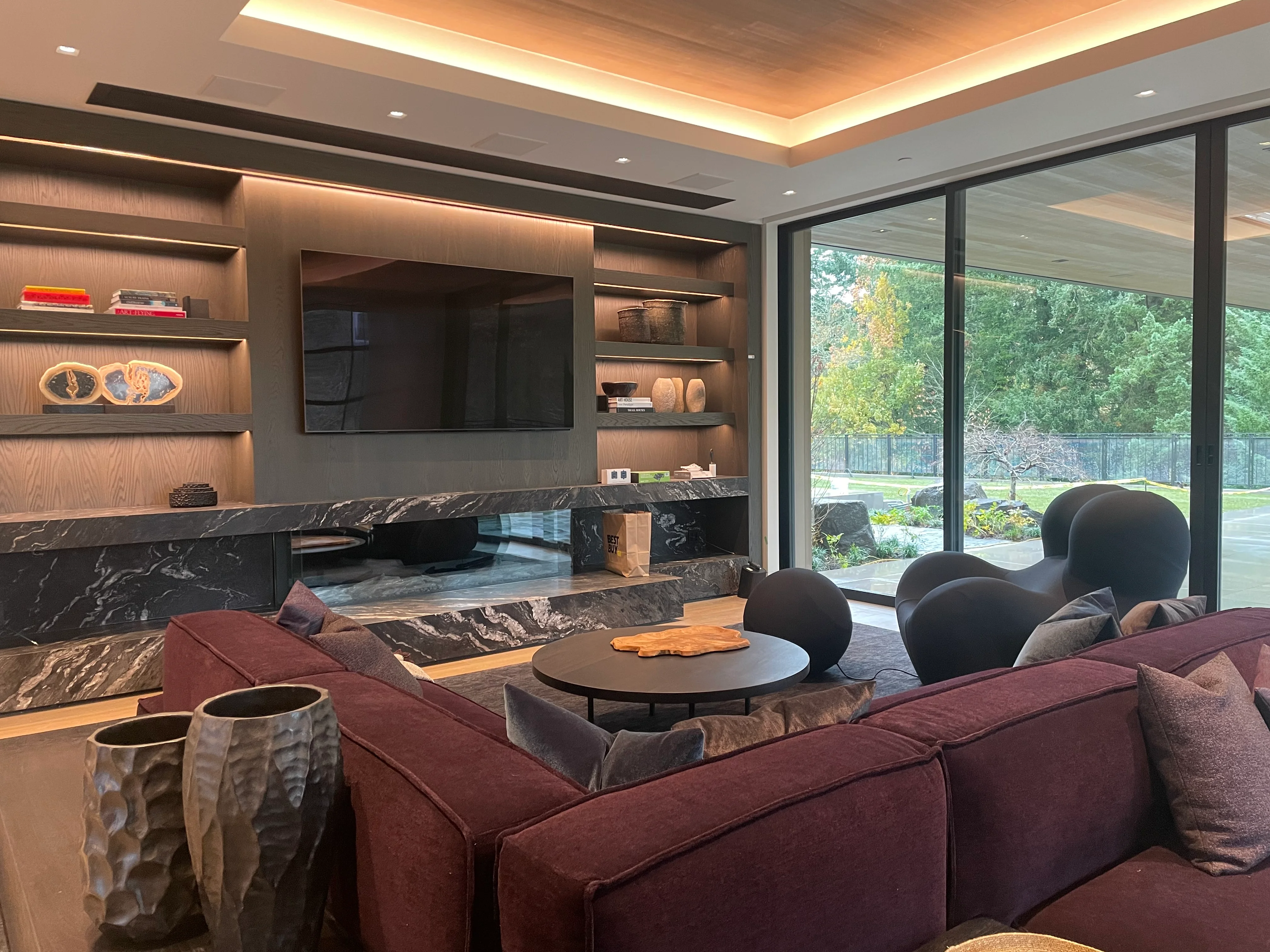 Living room fireplace and media wall lighting